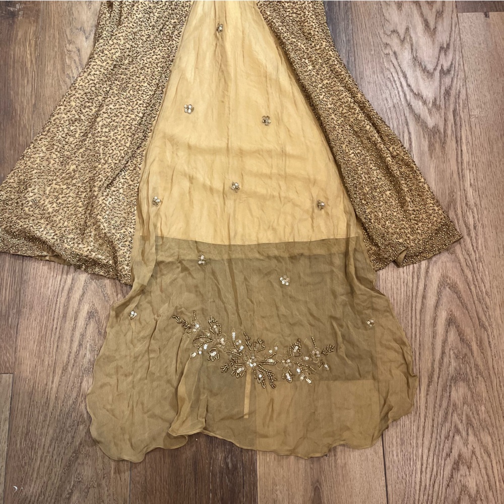Vintage 100% Silk Beaded Dress Gold Beaded Dress Train Sheer Silk Fairy Prom - Picture 16 of 17